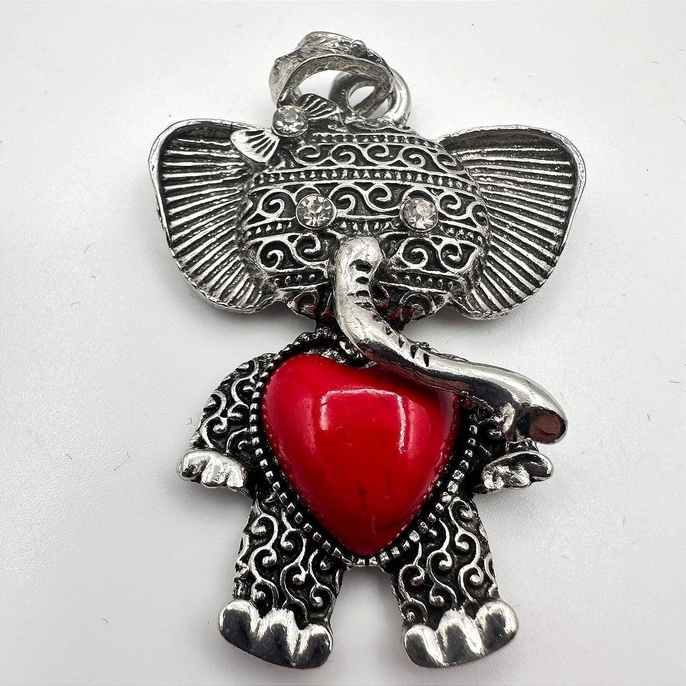 Vintage 90s Silver Tone Elephant Red Heart Rhinestone Pendant Women's Jewelry